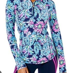 Lilly Pulitzer L/S Justine Half Zip UPF 50+ High Tide Navy Pineapple Large